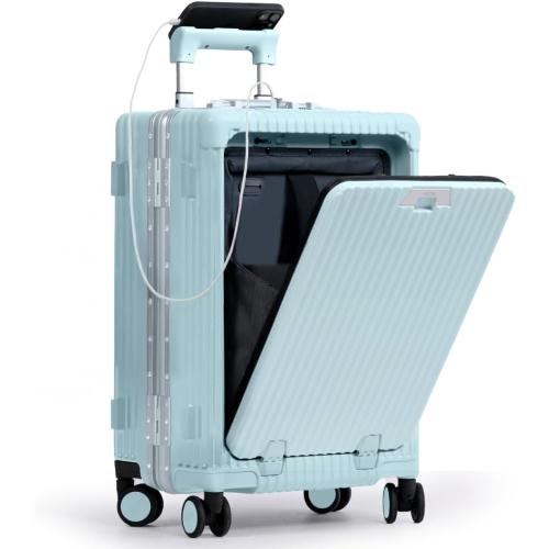 Nobl Travel Carry On Luggage, Noble Zipperless Aluminum Frame PC Hard Shell Suitcase, 23.5x15.5x10 Airline Approved, 360° Spinner Wheels, TSA Locks, USB Charging Port, Cup & Phone Holder - Baby Blue