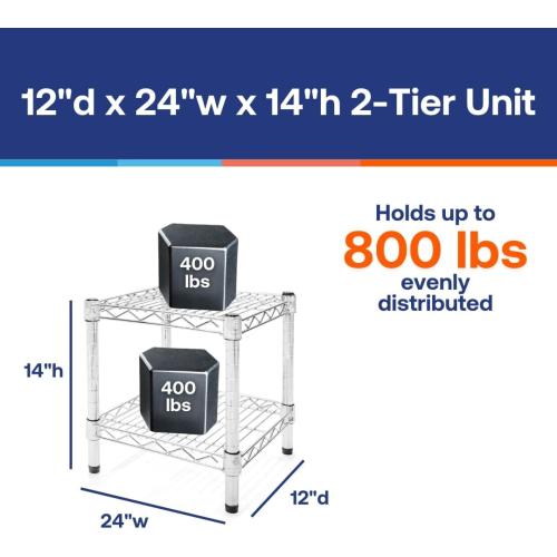 Shelving Inc. 12 d x 24 w Chrome Wire Shelving with 2 Tier Shelves, Weight Capacity 800lbs Per Shelf
