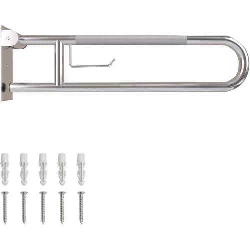 Toilet Grab Bar, Fold Down Grab Bar with Paper Holder, Knurled Anti-Slip Grab Bars for Toilet, Stainless Steel Handrails Toilet for Seniors Disabled Elderly Pregnant, Brushed Nickel, 30 Inch