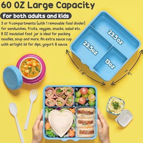 Fimibuke Bento Box for Kids Adult, BPA Free & Leakproof Toddler Lunch Box with 8.5oz Insulated Food Jar, Utensils & Sauce Jar, Dishwasher Safe 3 or 4 Compartment Container for School Girl Boy