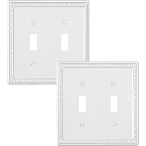 2-Pack Double Toggle Light Switch Cover Plate, Pearls Decorative Dual Switch Plate Covers, Pure White 2 Gang Metal Wall Plate, Corrosion Resistant