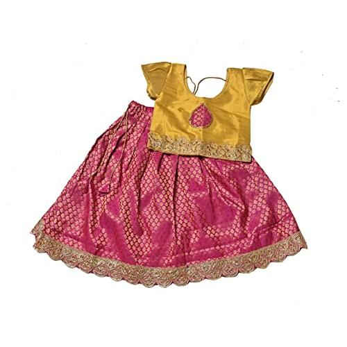 Tissue Silk & Chanderi Fabric Short Sleeve Party Wear Lehenga Choli for Girls & Kids (Color-Yellow & Hot Pink)