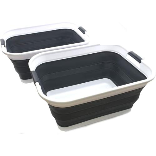 SAMMART 42L(11 gallon) Set of 2 Collapsible Plastic Laundry Basket-Foldable Pop Up Storage Container-Portable Washing Tub-Space Saving,Water capacity 34L(9 gallon) (2 rectangular - strengthen, black)