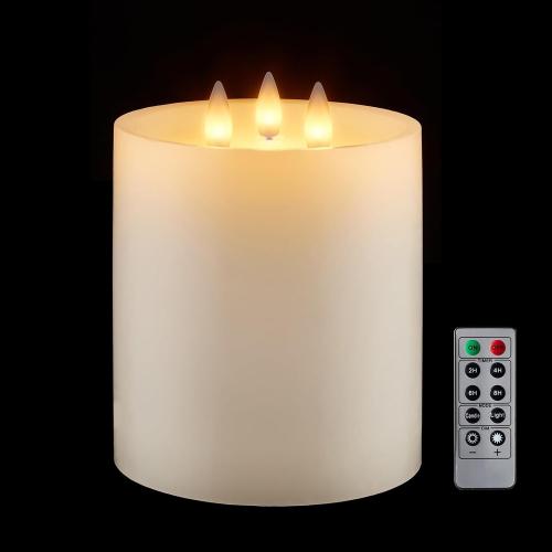 3-Wick Flameless Pillar Candle with Remote Timer, 3D Moving Flame Real Wax Led Candles (Ivory with 3 Wick, 6.5in)