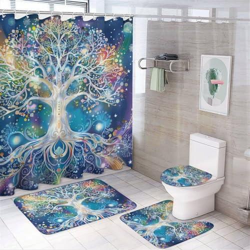 4Pcs Dreamy Tree Shower Curtain Set with Rugs, Toilet Lid Cover and Bath Mat, Glam Colorful Nature Plant Branches Bathroom Curtains Decor Shower Curtains, 72 x 72
