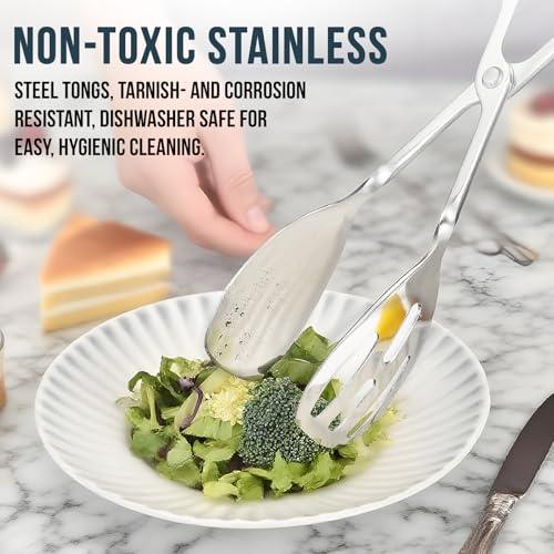 2-PACK Salad Tongs for Serving - Premium Stainless Steel Scissor-Style, Non-Toxic, Heat-Resistant Salad Servers, Dishwasher Safe, Ideal for Buffet and Party Use (Silver)