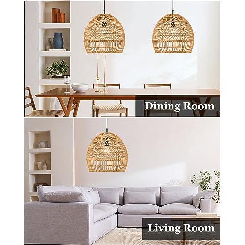 ELYONA Modern Boho Rattan Chandelier, 16” Large Rustic Wicker Pendant Light Fixtures, Basket Hand Woven Hanging Lamp for Coastal Kitchen Island Dining Room Living Room Bedroom Foyer (40cm*40cm)