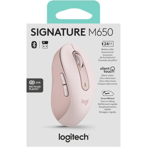 Logitech Wireless Mouse Signature M650- Small Hands, 2-Year Battery, Silent Clicks, Customizable Buttons, Bluetooth, PC/Mac/Chromebook - Rose, Right-Handed, Small-Medium