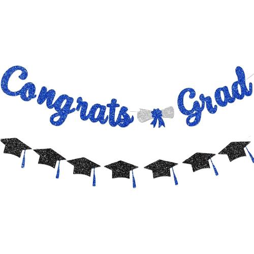 Congrats Grad Banner - 2 Pcs Glitter Congrats Grad with Tassel for Graduation Party DIY Decorations, Class of 2025/2026 Graduation Decorations Party Supplies, Blue and Black
