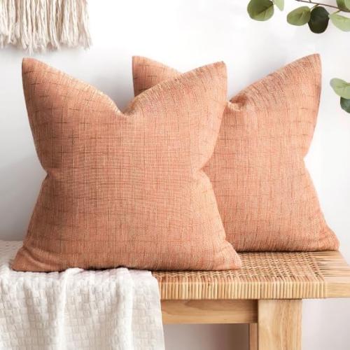 MIULEE Pack of 2 Decorative Burlap Linen Fall Autumn Throw Pillow Covers Modern Farmhouse Pillowcase Rustic Woven Textured Cushion Cover for Sofa Couch Bed 20x20 Inch Salmon