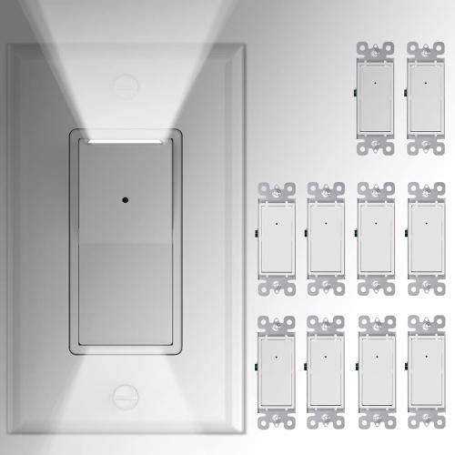White 10 Pack SOZULAMP 3 Way Wall Light Switch with LED Night Light 15Amp 120/277Volt Rocker White Switch, Automatic On/Off Sensor