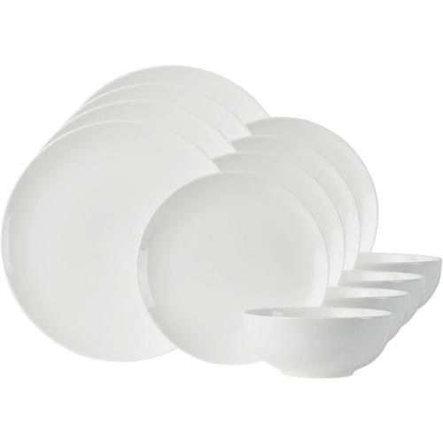 Set of 12 Anders and White 'Coupe' - White Vegan Friendly Bone China Dinner Set. 12 Pieces Dinnerware Set. Contains 4X Dinner Plates, Side Plates and Bowls.
