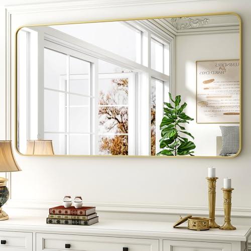 30 x 48 Inch Bathroom Mirror, Rounded Rectangular Vanity Mirror for Wall, Modern Mirror for Room Decor, Gold Framed Wall-Mounted Mirrors for Home Decor, Hangs Horizontally or Vertically