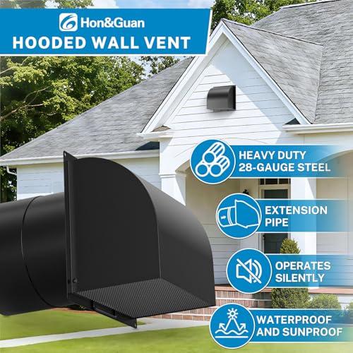 [Upgraded] Hon&Guan 10 Inch Hooded Wall Vent with Magnetic Seal Flap and Removable Mesh, Arc-Shaped 10'' Exhaust Vent Cover Cap for Kitchen Range Hood/Dryer/Bathroom Exhaust (Galvanized Steel, Black)