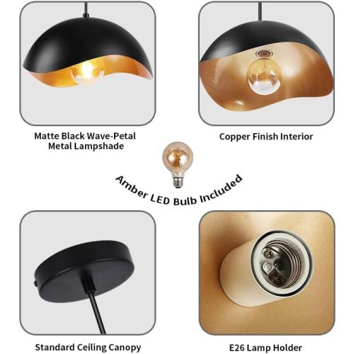 Black 11 Modern Wave Pendant Light, 11 Black and Gold Dome Shade, LED Ceiling Light Fixture with Globe Bulb, Contemporary Hanging Light for Kitchen, Dining Room, Bedroom