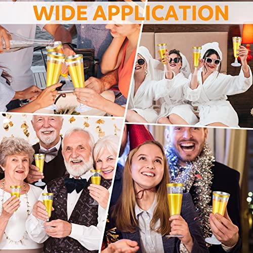 Thenshop 50 Pcs Plastic Champagne Flutes Disposable Champagne Glasses Bulk 5.5 oz Clear Mimosa Cocktail Cups with Rim Detachable Glasses for Wedding Party Birthday Anniversary(Gold, Clear)