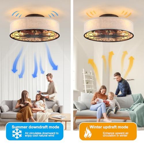 Caged Ceiling Fans with Lights Flush Mount,Low Profile Ceiling Fan with Remote,20 Inch Farmhouse White Ceiling Fan for Bedroom,6 Speeds Reversible Silent Fandalier(Include 4 Bulb)