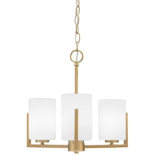 3 Light, Uplight, Chandelier, New Age Brass Finish, 4 White Muslin Glass