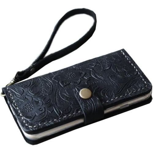 Leather case Compatible with iPhone 16/16 Pro Max / 16 Plus / 15/15 Pro Max / 14 Pro / 13 Mini / 12 / SE With Wristlet Strap, Wallet Case - 408H - Black