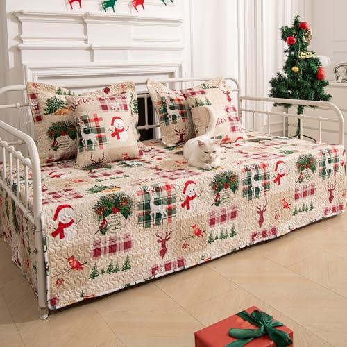 5-Piece Christmas Daybed Cover Set Twin Cozy Xmas Snowflake Reindeer Daybed Bedding Sets New Year Day Bed Comforter Bedspread, Santa Day Bed Cover with 4 Pillow Shams,39x75(Beige Red)