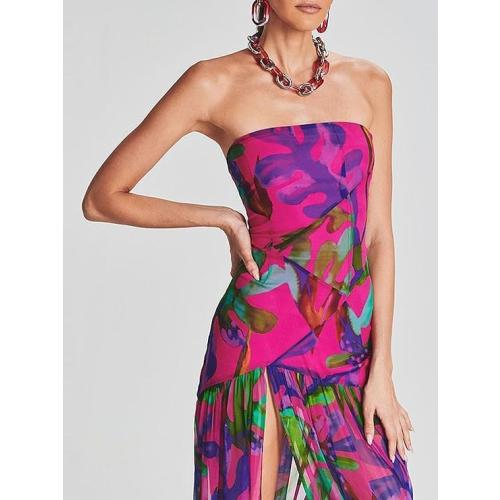 Size S Women Tube Top Dress Tiger Stripe Mesh Patchwork Maxi Dress Strapless Sexy High Slit Long Dresses Party Clubwear