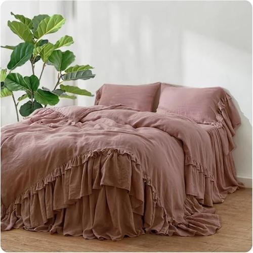 Linen Double Ruffle Duvet Cover Set, French Linen Bedding Set Shabby Chic Ruffled Duvet Cover with Extra Long Ruffles, Queen King Cal King 3 PCS Set (Grape, US King)