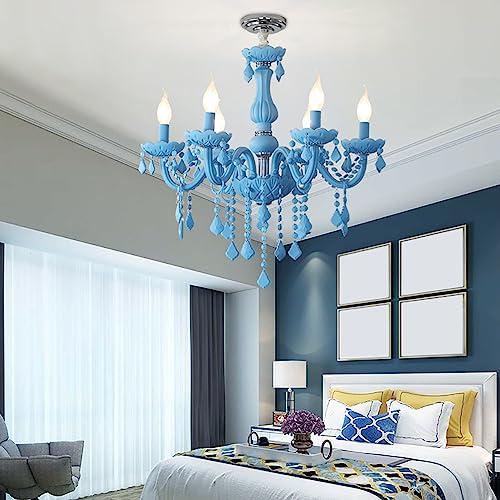 Blue Classic Crystal Chandelier, Vintage Candle Pendant Light Fixture, 6 Lights Hanging Light, Adjustable Island Lights for Bedroom Foyer in Blue