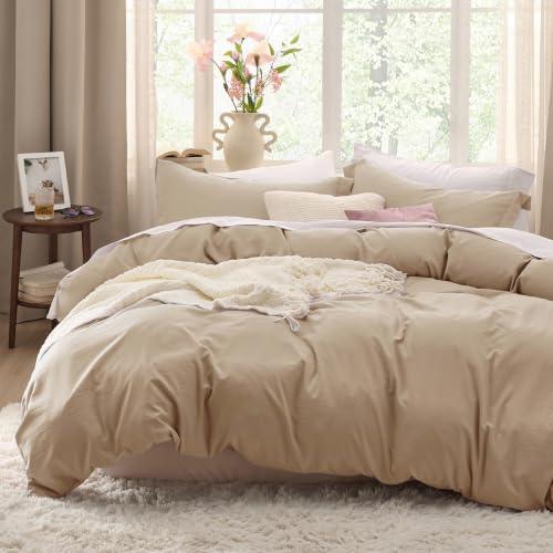 Bedsure Prewashed Duvet Cover Queen, Cotton-Like Bedding Set, Light Brown