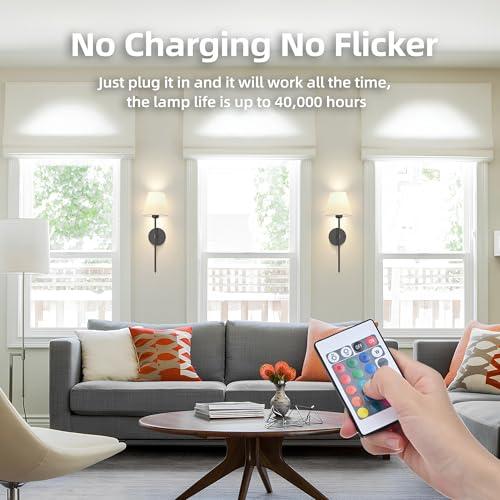 Plug in Wall Sconces Set of Two, Dimmable Wall Sconces White Fabric Shade with Remote Control,Wall Lamp with 6FT Plug in Cord,16 Colors Modes Wall Light for Bedroom Living Room,Black