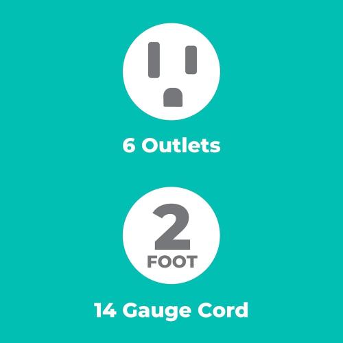 KMC 6-Outlet Power Strip, 2-Pack, Black Power Strips, 2ft Short Extension Cord with Multiple Outlets, 6 AC Power Outlet Strip, Flat Plug Powerstrip, 2pk, Black