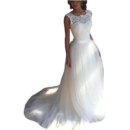 SOLOVEDRESS Size 12 Women's Elegant Lace Wedding Dress A Line Tulle Beach Bridal Gowns Cap Sleeves with Train