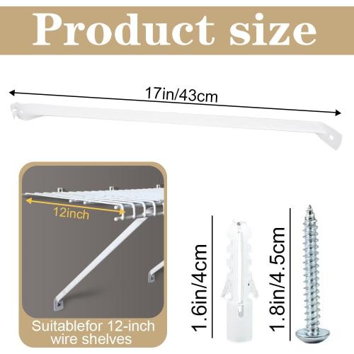 6 PCS Wire Shelf Brackets, 17 Inch Long Closet Shelf Brackets with Screws, Metal Support Bracket for Wire Closet Shelving, Heavy Duty
