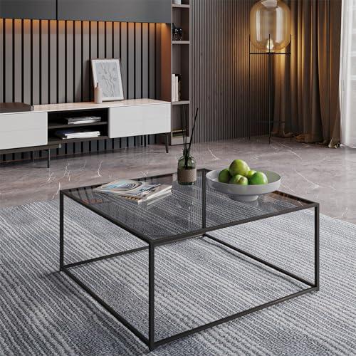 Size26.4 x 26.4 x 15.7 Inches  Color Black Glass Coffee Tables for Living Room Square Modern Center Table for Small Space,Tempered Glass-top with Sturdy Metal Frame Sofa Side End Table, Easy Assembly,26.4 x 26.4 x 15.7 Inches, Gray Black