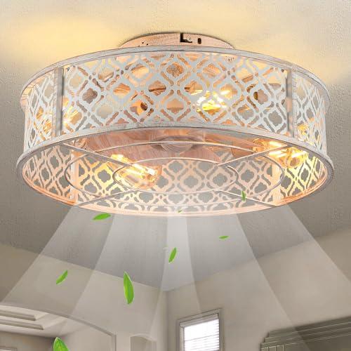 20 Caged Ceiling Fans with Lights Flush Mount Ceiling Fan with Remote,Small Black Low Profile Bladeless Ceiling Fan Light Fixture for Bedroom, Kitchen, Dining Room 4 Bulbs Included,6 Speeds