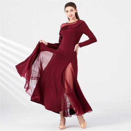 Small Lotus Leaf Sleeve Polka Dot Stitching Ballroom Dance Dress for Women Waltz Dress Rumba Ball Gown