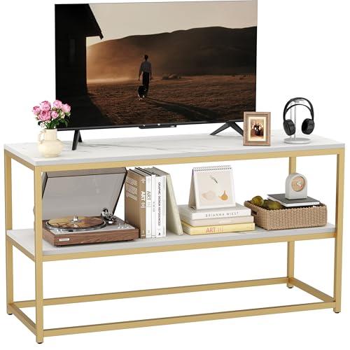 Function Home TV Stand for TVs up to 50 Inch, 3 Tier Entertainment Center, Modern TV Cabinet with Marble Top and Gold Metal Base, 42 Media Console Table with Storage for Living Room Bedroom