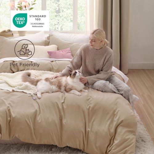 Bedsure Prewashed Duvet Cover Queen, Cotton-Like Bedding Set, Light Brown