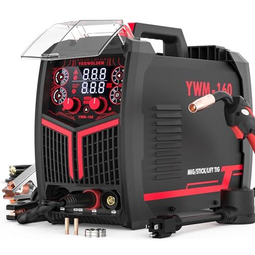 YESWELDER 160A MIG Welder, 110V/220V MIG/Flux Core/Lift TIG/Stick | 4-In-1, synergic control, clear digital display, efficient setup, beginner friendly