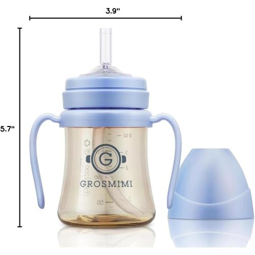 GROSMIMI Spill Proof no Spill Magic Sippy Cup with Straw with Handle for Baby and Toddlers, Customizable, PPSU, BPA Free 6 oz (Sky blue)