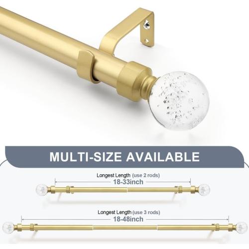 knobelite 2 Pack Gold Window Treatment Single Curtain Rods, Adjustable Curtain Rod from 22 to 48 Inches with Crystal Finial Finials,1-Inch Curtain Rods for Windows