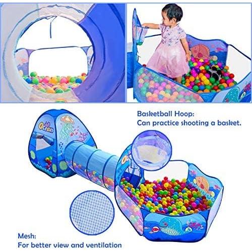 PigPigPen 3 in 1 Kids Play Tent with Tunnel, Ball Pit, Basketball Hoop for Boys & Girls, Toddler Pop Up Playhouse Toy Baby Indoor/Outdoor, Gift Year Old Child (3 Tent)