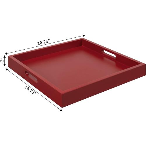 Convenience Concepts Palm Beach Serving Kitchen & Living Room Square Wood Decorative Handles, Ottoman Accent, Coffee Table Tray, Counter Organization & Storage, 16.75, Red