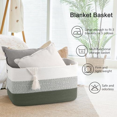 OIAHOMY Blanket Basket Laundry Basket Dog Toy Basket 75L Green/White | Large Storage Basket,Baby Basket,Toy Storage,Woven Rope Basket for Blankets,Blanket Storage for Living Room