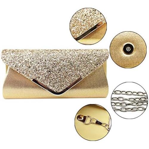 Queena Womens Shiny Glitter Evening Clutch Envelope Handbag Chain Purse for Wedding Party Prom Gift for Mom Wife Girlfriend