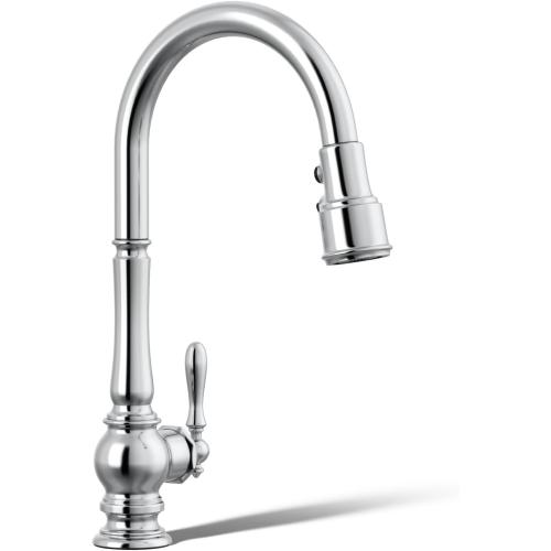 KOHLER K-99259-CP Artifacts Single-Hole Kitchen Sink Faucet with 17-5/8-Inch Pull-Down Spout, 3-Function Sprayhead, and Turned Lever Handle, Polished Chrome