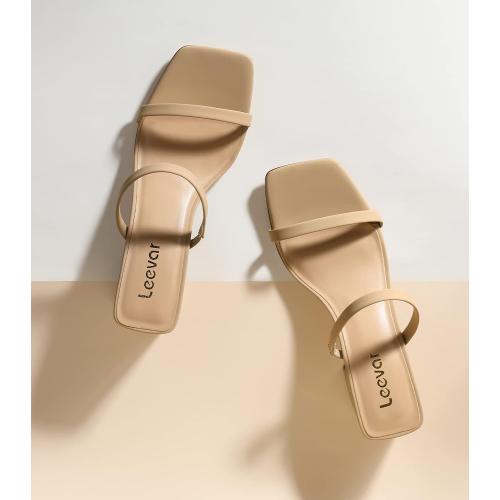Size 8....Leevar Square Toe Heeled Sandals for Women - Women's Low Block Heels Sandals - 2.25IN Open Toe Ankle Strap Chunky Heels - Slip on Heeled Sandal Mule- Nude Black Strappy Heels for Party Wedding Dress Shoes