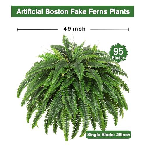 49inch Single Silky Artificial Boston Fern Bush, 49Inch Large Artificial Ferns for Outdoors, Large Faux Ferns Artificial Plants,Suitable for Decorating Office, Living Room Faux Greenery,95Branches