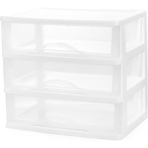 BYCY Plastic Stackable Storage 3 Drawers, White Bathroom Makeup Organizer with Wide Clear Drawers Tabletop Drawer Organizer for Desk,Easily Assemble for Fridge,Bathroom,Cabinet