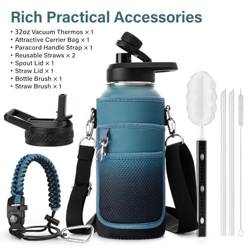DYSANKY 32 oz Insulated Water Bottle | Thickened Stainless Steel Vacuum Metal | Portable Sports Water Jug for Gym and Hiking with Straw, Carrier Bag, Handle Strap | BPA-Free 32 oz