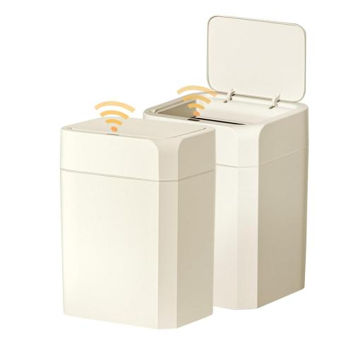 ELPHECO 2 Pack 3.5 Gallon Bathroom Trash Can with Lid Motion Sensor Slim Garbage Can Bathroom Decor Waterproof Smart Small Trash Bin for Kitchen, Office, Bedroom, Living Room, Toilet, Cream Beige